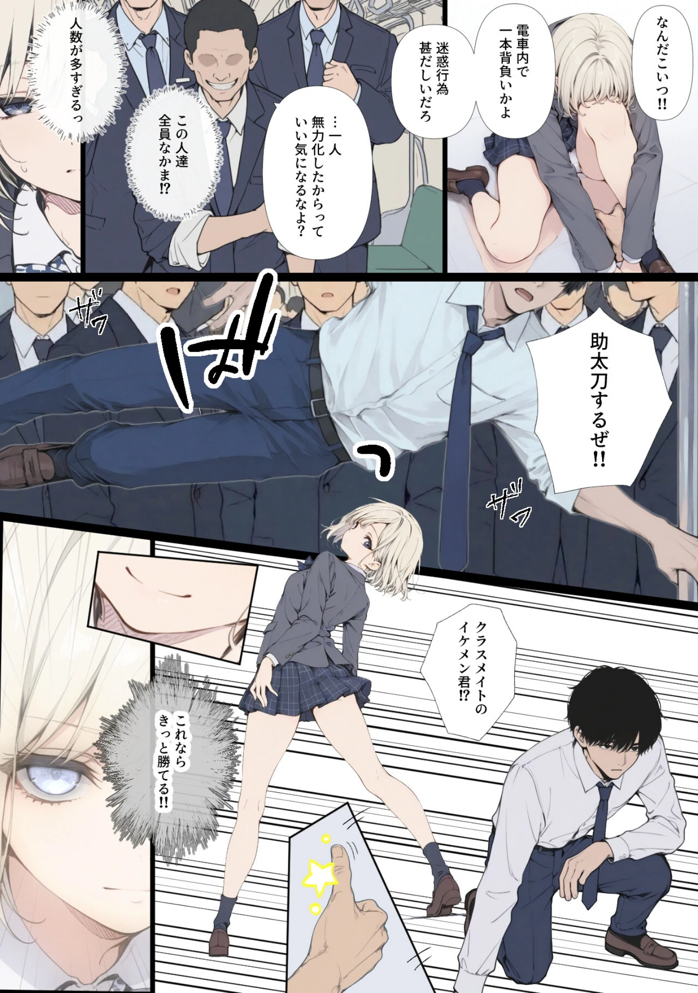 「黒髪少女と金髪少女が電車で集団痴●に遭う漫画【ifストーリー】【モザイク版】」（てんでしゅがー） 試し読み 7ページ目