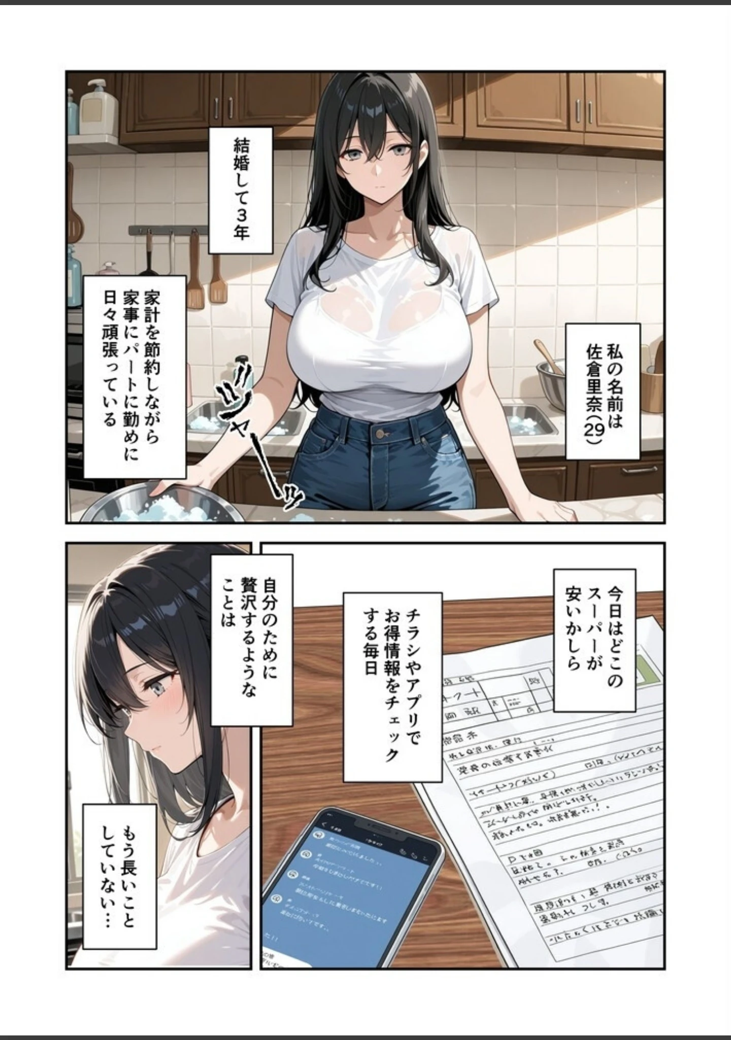 「節約上手の真面目な人妻が媚薬暗示マッサージにハマって、どスケベ肉便器になった話【モザイク版】」（犬ポテト） 試し読み 2ページ目