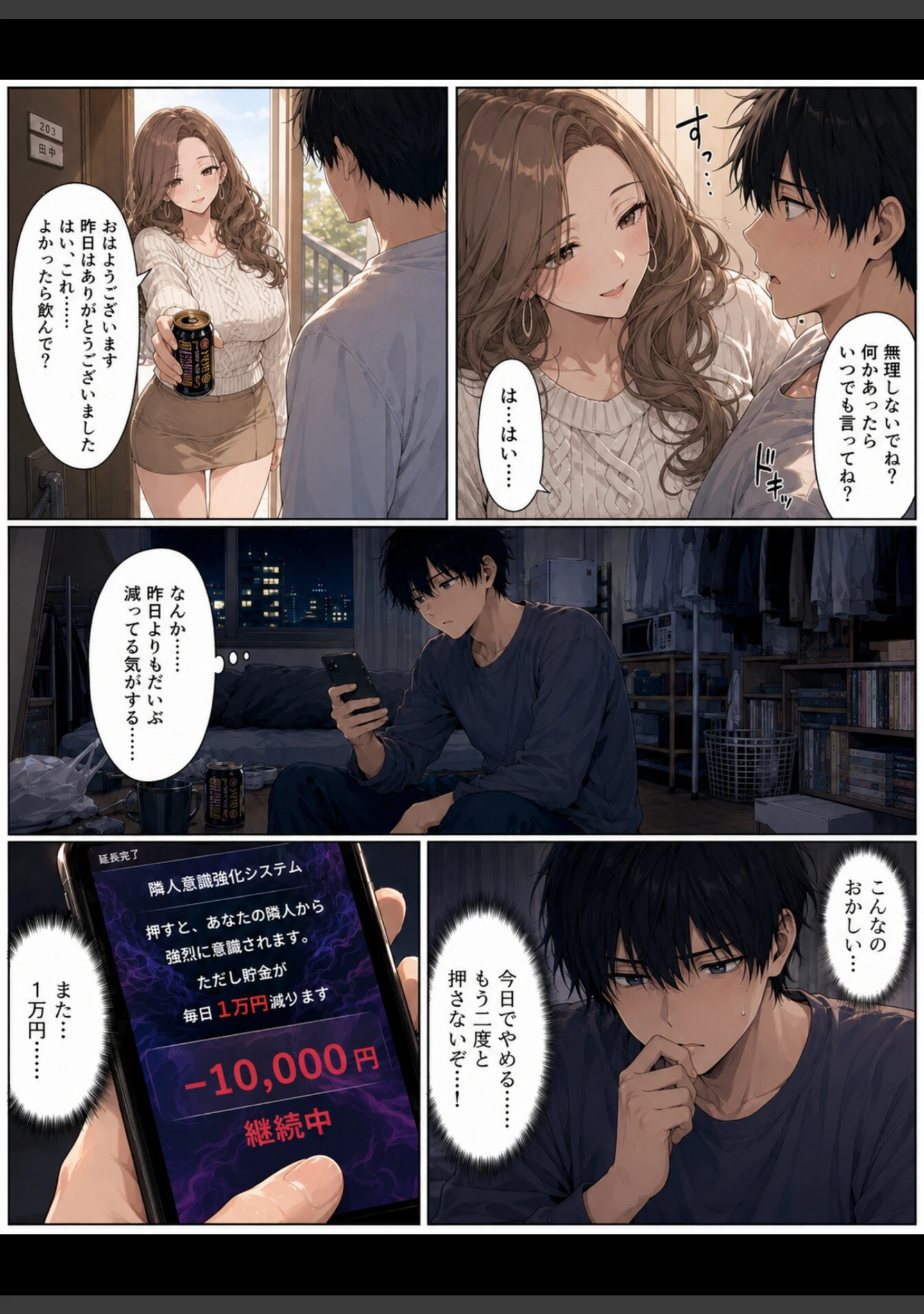 「押すたび、1万円消えるボタン…その度に隣の人妻が誘惑してくる。【モザイク版】」（かわいいラボ） 試し読み 4ページ目