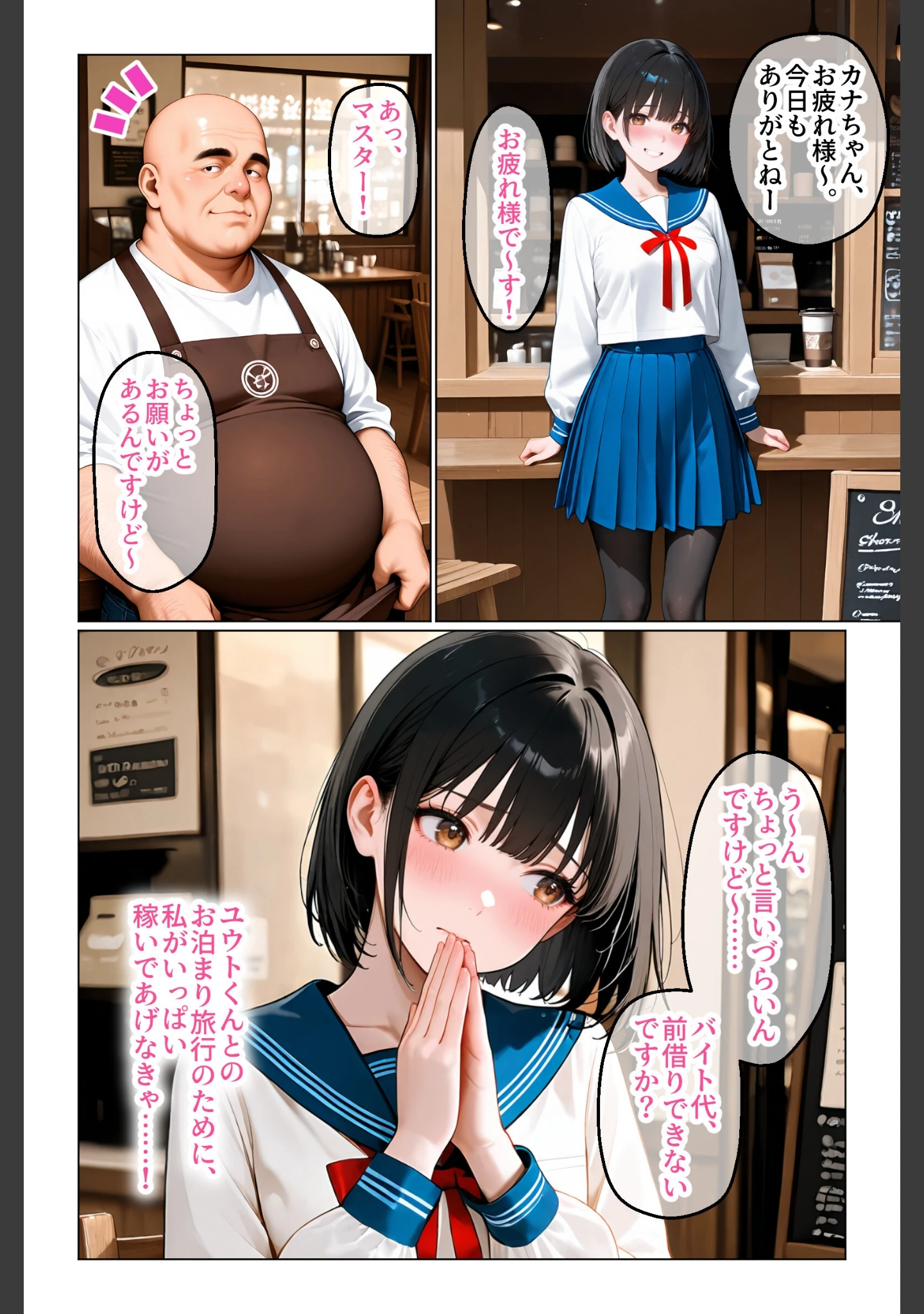 「喫茶の裏メニュー 彼氏との旅行代は変態店長の極太肉棒で稼ぎました【モザイク版】」（極彩色） 試し読み 4ページ目