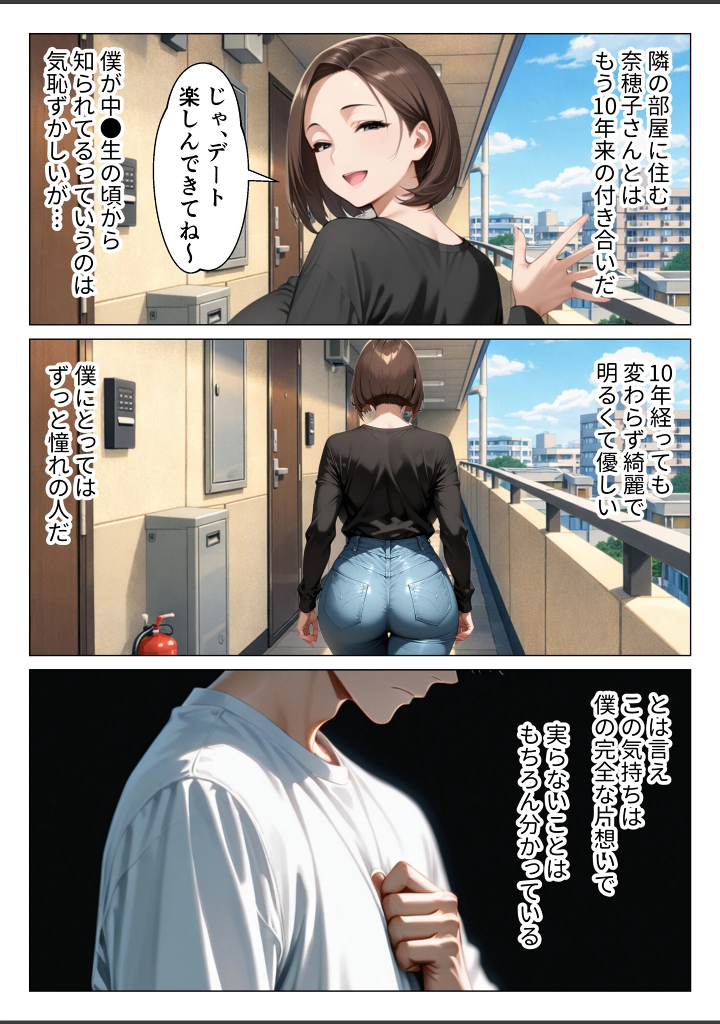 「僕のデカチンコンプレックスを克服するため隣家のむちむち人妻と本気セックスします！【モザイク版】」（りんごパイ） 試し読み 4ページ目