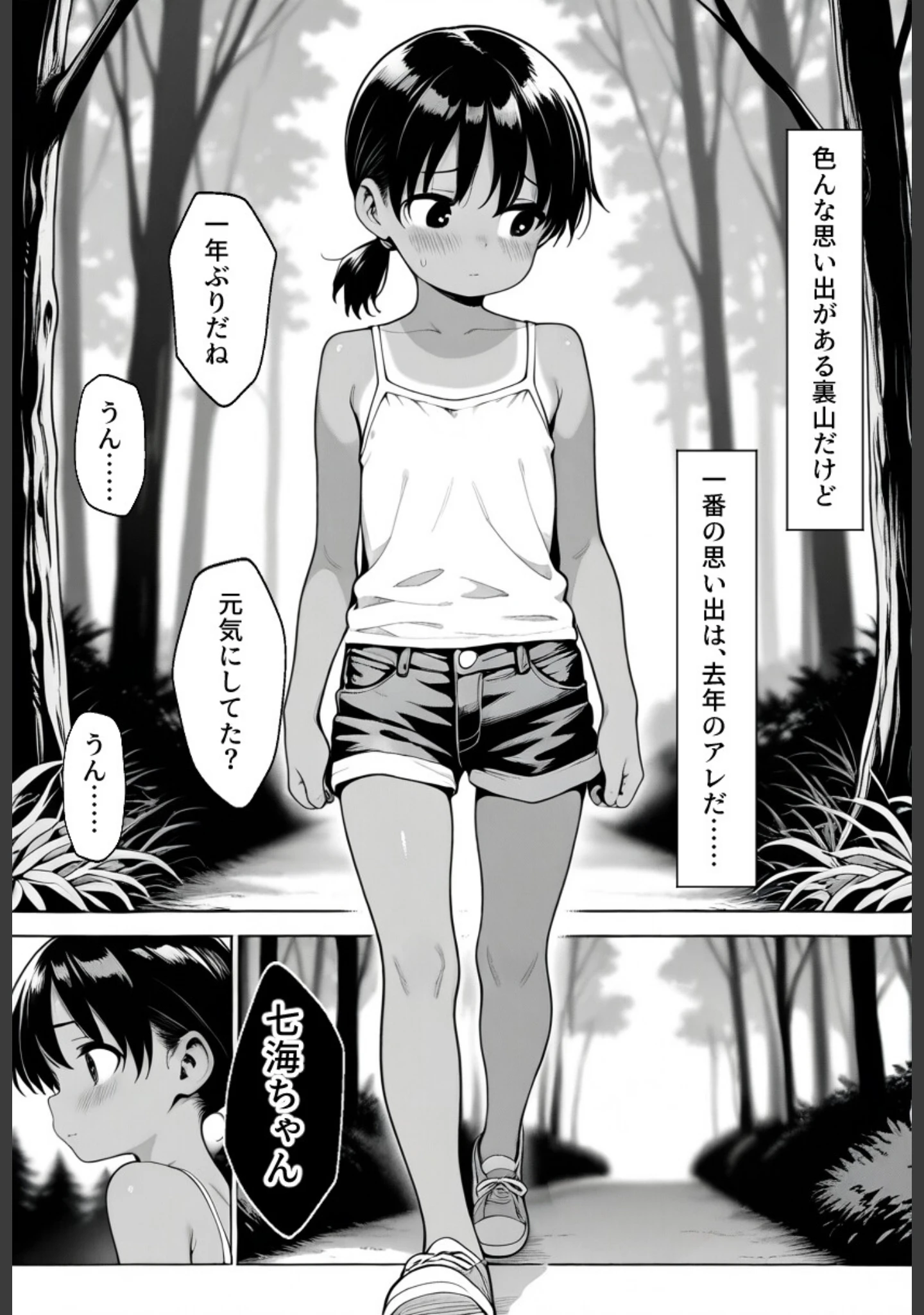 「姪っ子と夏休み〜七海ちゃん禁断の自由研究〜【ふたりだけの、ないしょの田舎で】【モザイク版】」（学校のウサギ小屋） 試し読み 10ページ目