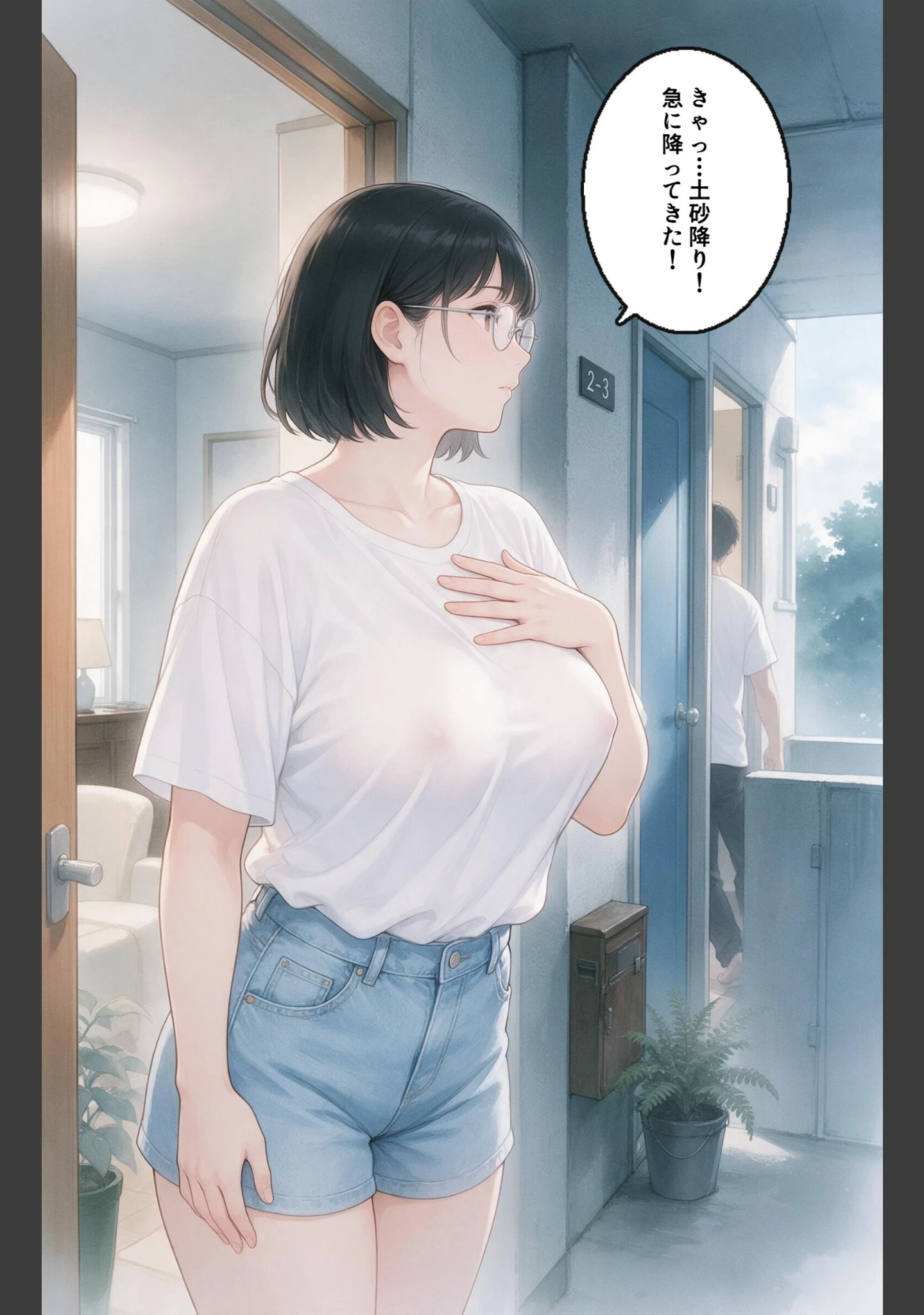 「濡れた服が張り付いたノーブラ隣の奥さんを土砂降りの雨宿りで匿ったら押し倒されて生ハメされた話【モザイク版】（単話）」（灯野ましろ） 試し読み 7ページ目