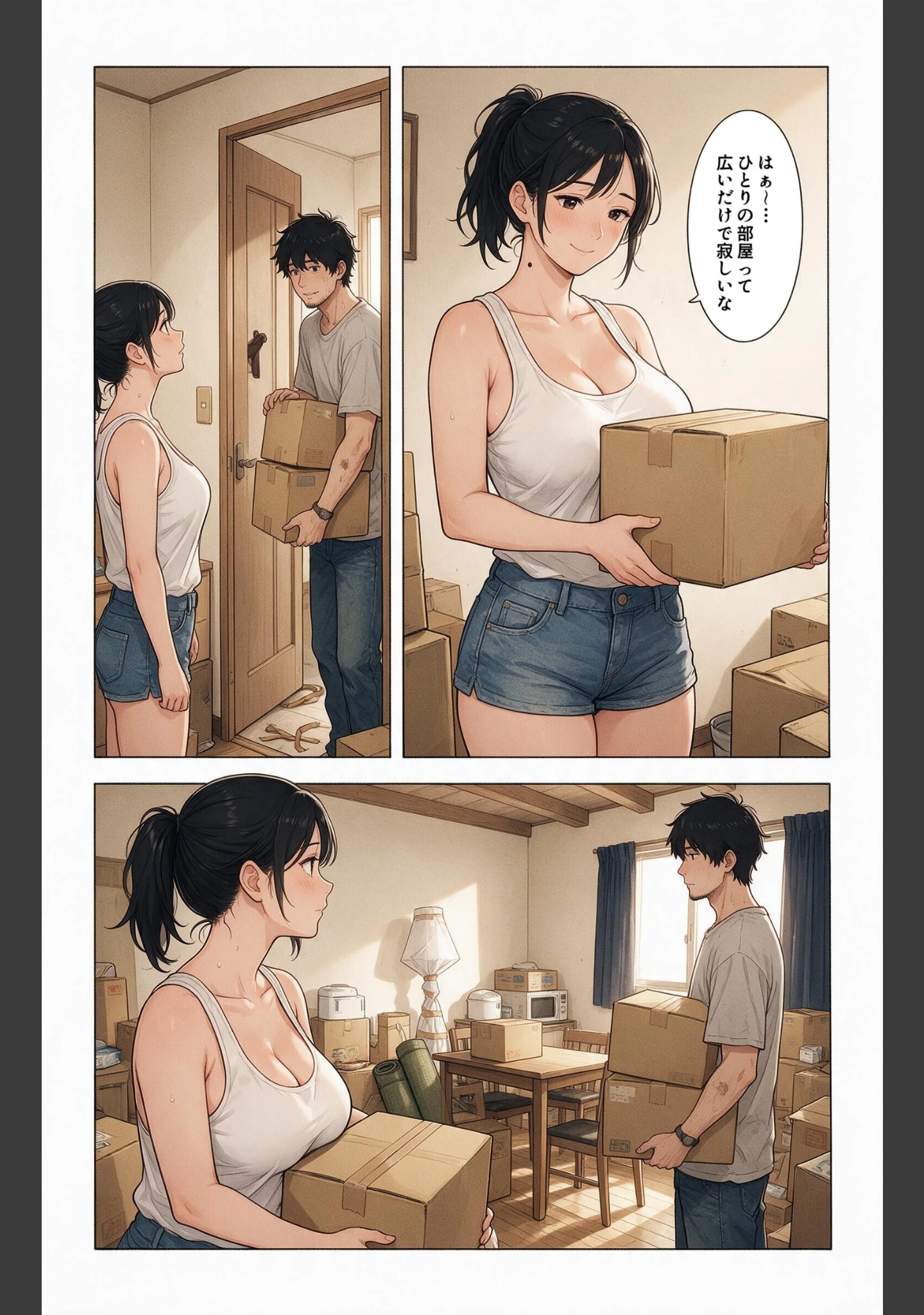「汗だくで火照ったタンクトップ姿の兄嫁さんの引っ越しを手伝ったら上に跨がられて搾られた件【モザイク版】（単話）」（藤白すずり） 試し読み 2ページ目