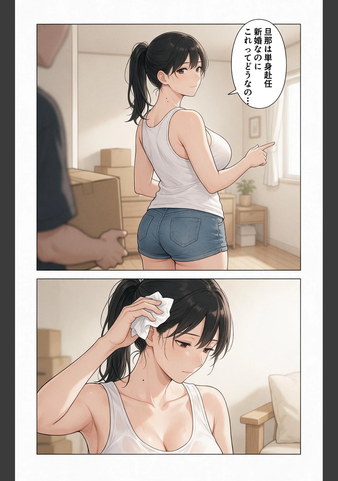 「汗だくで火照ったタンクトップ姿の兄嫁さんの引っ越しを手伝ったら上に跨がられて搾られた件【モザイク版】（単話）」（藤白すずり） 試し読み 3ページ目