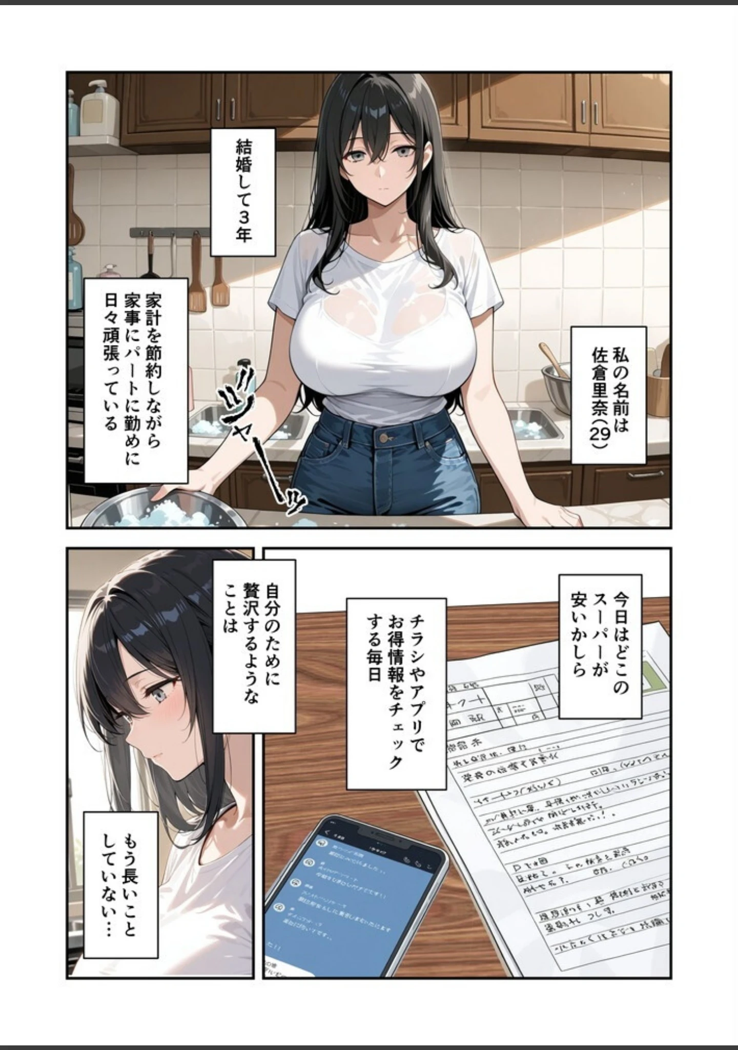 「節約上手の真面目な人妻が媚薬暗示マッサージにハマって、どスケベ肉便器になった話【白抜き修正版】」（犬ポテト） 試し読み 2ページ目