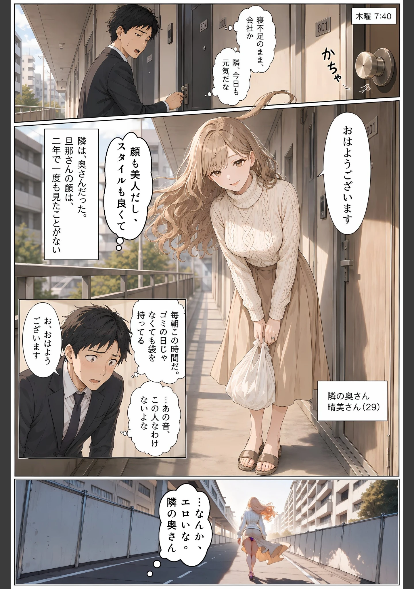 「隣の人妻（29）が夫の留守中にベランダで配信オナニーしていたので、壁越しに聞いていた俺が中出しするまで【モザイク版】」（かわいいラボ） 試し読み 4ページ目