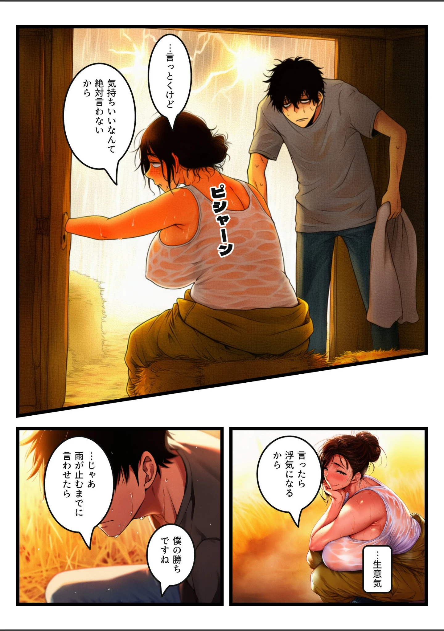 「汗でむわっと蒸れた爆乳未亡人が「お礼だから」と言い張って、夕立の納屋で中出しまでねだってきた【モザイク版】」（若葉ちぐさ） 試し読み 11ページ目