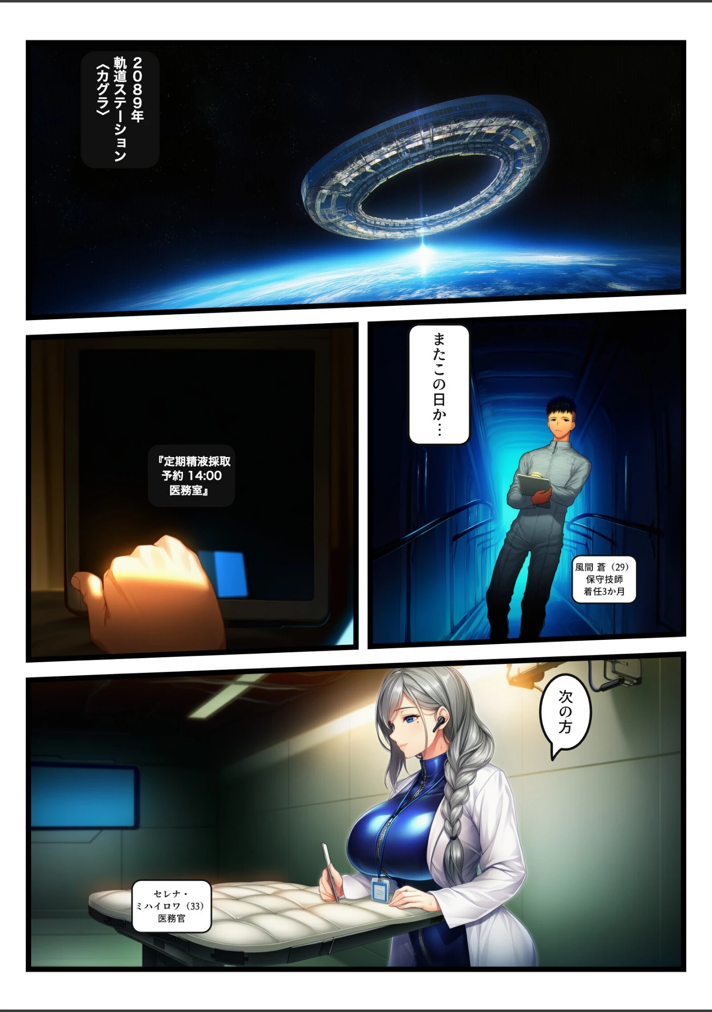 「宇宙ステーションの爆乳女医が、記録の止まる42分だけ「精液採取」と称して俺に何度も中出しさせた【モザイク版】」（霜月こはく） 試し読み 4ページ目