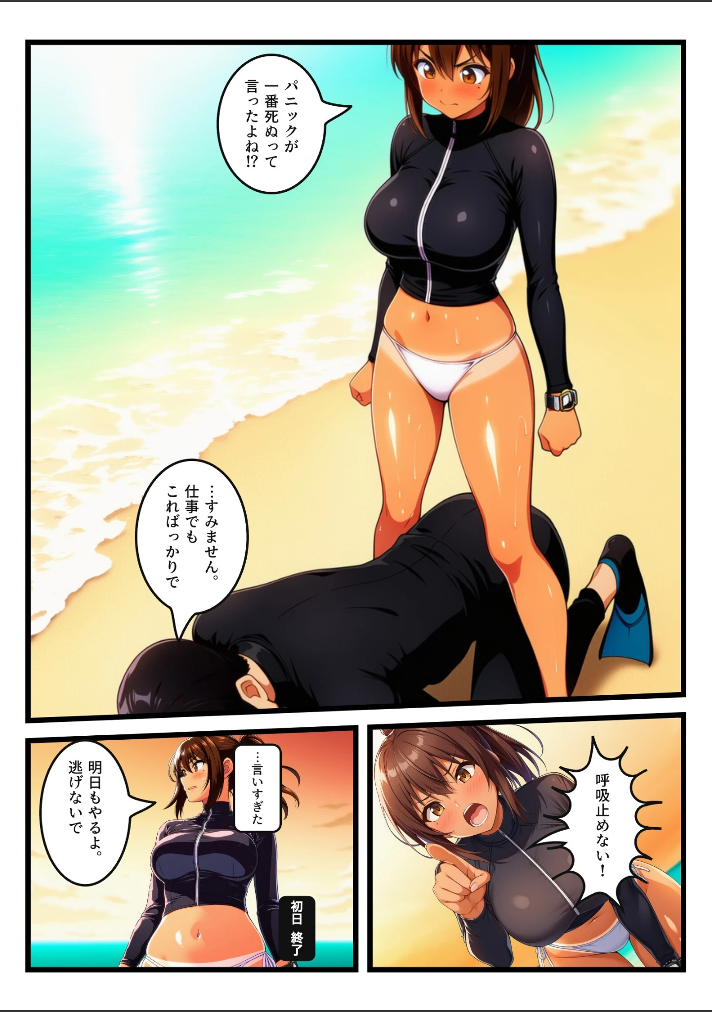 「海ではスパルタな日焼け巨乳ダイビング講師が、夜は水着跡をぬるぬるにしてOKサインで中出しをねだる【モザイク版】」（浅葱めぐ） 試し読み 8ページ目