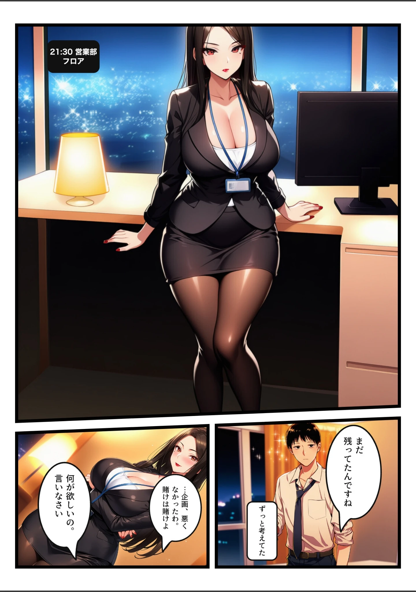 「「お願い」を言ったら負けの夜、命令しかできない爆乳鬼部長が黒ストを破らせ中出しをせがむまで【モザイク版】」（白峰さより） 試し読み 7ページ目